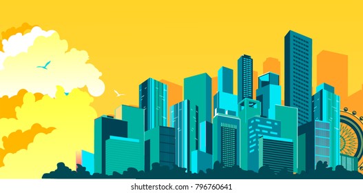 Vector illustration of a horizontal abstract city banner on a sky background in yellow and green colors of a flat style