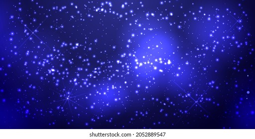 Ilustración vectorial de fondo horizontal con noche estrellada, cielo azul oscuro, estrellas brillantes, galaxias. Se puede usar en el diseño web, en papel pintado, banners, etc. Concepto Astronomía, Romance, Misticismo.