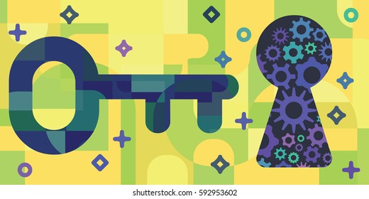 vector illustration of  horizontal banner with abstract mechanism in keyhole and key for hidden features concepts in flat art style