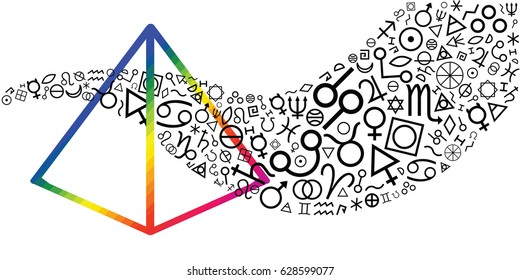 vector illustration of horizontal banner with alchemy symbols in wave shape with spectrum pyramid for mystic and magic concepts and designs 