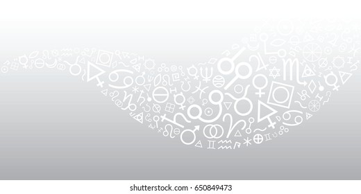 vector illustration of horizontal banner with alchemy symbols in wave shape with light grey gradient for mystic and magic concepts and designs 