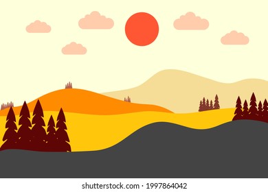 Vector illustration of horizontal banner of autumn landscape,  mountains and tree. Autumn landscape. Panoramic of countryside landscape. Cartoon style with beautiful colors. 
