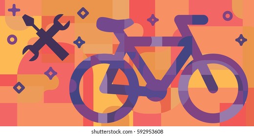 vector illustration of  horizontal banner with bicycle and repair tools in geometric flat style design