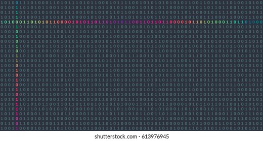 vector illustration of horizontal banner with binary computer code in dark colors with bright rainbow highlighted line for data research concepts
