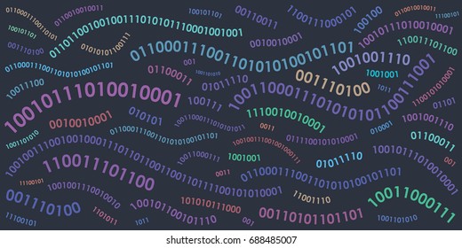 vector illustration of horizontal banner with binary computer code in wave shapes on dark blue background