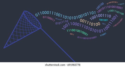 vector illustration of horizontal banner with binary computer code in wave shapes on dark blue background with catching net