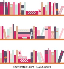 vector illustration of horizontal banner of bookshelves with retro style books