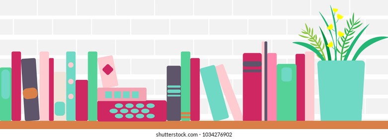 vector illustration of horizontal banner of bookshelves with retro style books and flowers