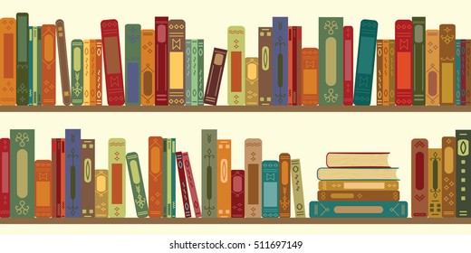 vector illustration of horizontal banner of bookshelves with retro style books for vintage bookstore background or wallpaper
