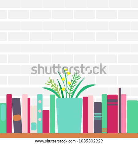 Vector illustration of horizontal banner of bookshelves with retro style books and flowers