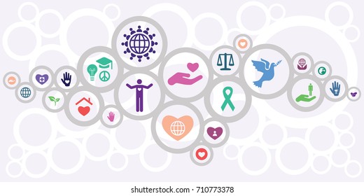 vector illustration of horizontal banner for charity and volunteering concept in connected circles modern design