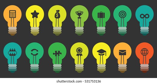 vector illustration of horizontal banner with colorful bulbs in rows with business symbols inside as good ideas for startups and management concepts