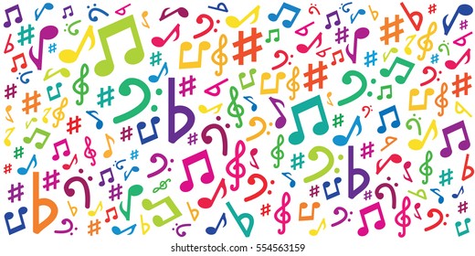 vector illustration of horizontal banner with colorful musical notes and symbols for audio media concepts and designs on white background