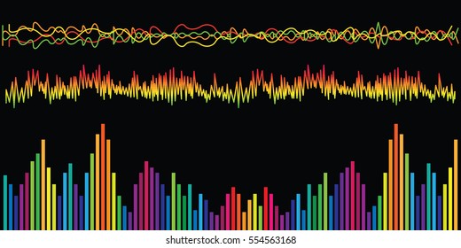 vector illustration of horizontal banner with colorful sound waves and charts for audio media concepts and designs on black background