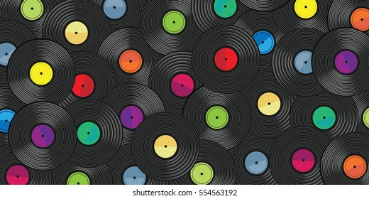 vector illustration of horizontal banner with colorful vinyl record plates for retro audio media concepts and music abstract designs and covers