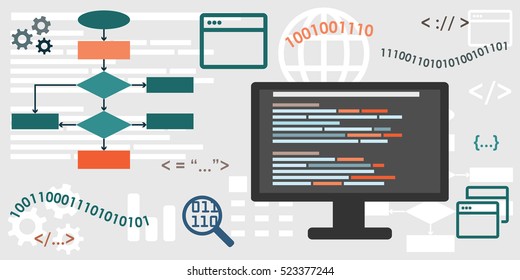 vector illustration of horizontal banner with computer screen with code and algorithm for website engineering and application development programming and coding concepts 