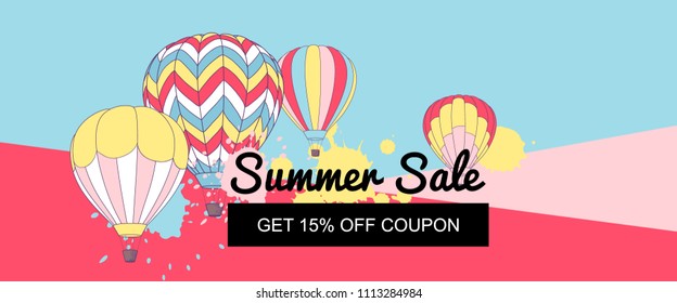 Vector illustration, horizontal banner design with retro hot air balloons. Summer Sale card.