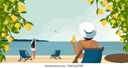 Vector illustration. Horizontal banner design. Summer, beach, tourists. Background for website, landing page, brochure design, postcard.