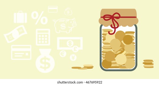 vector illustration of horizontal banner with donations jar with coins inside with place for text