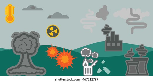 vector illustration of horizontal banner for ecological problems including air pollution nuclear explosion plastic waste and global warming