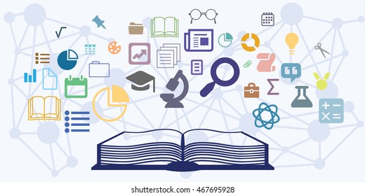 vector illustration of horizontal banner with education process visualization with open book and different science chapteres covered