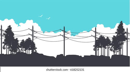 Vector illustration of horizontal banner fictional landscape silhouettes of trees against the blue sky