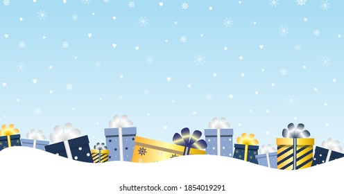 Vector illustration of a horizontal banner with gift boxes in the snow. For cover, website.