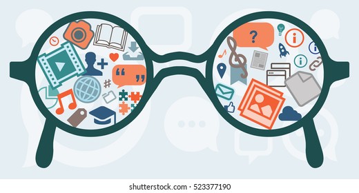 vector illustration of horizontal banner with glasses and different types of content for media and virtual reality designs