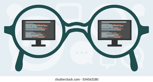 vector illustration of horizontal banner with glasses and screen with code reflection for coding and programming concepts and web design 