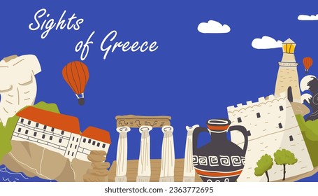 Vector illustration, horizontal banner, of hand-drawn landmarks, landmarks, symbols, sights of Greece in doodle style. Tourism, travel.