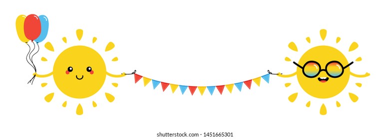Vector illustration, horizontal banner, header with two cute cartoon style sun characters, happy and smiling, holding ribbon or garland and balloons for kids summer party design.