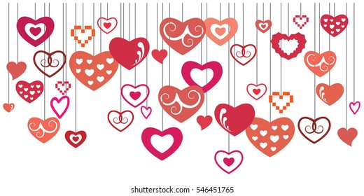 vector illustration of  horizontal banner with hearts hanging from top for Valentines Day decoration and greeting cards