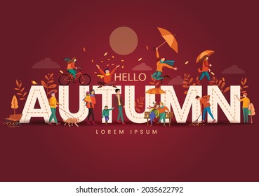 Vector illustration of horizontal banner of hello autumn landscape cartoon characters and maple trees fallen with dark brown background.