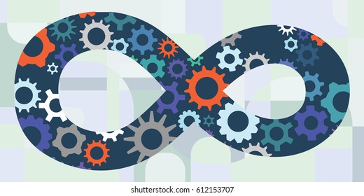 vector illustration of horizontal banner with infinity symbol with cogs and gears for endless options or features concept
