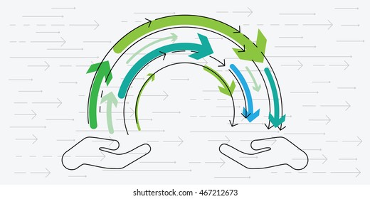 vector illustration of horizontal banner for knowledge exchange concept with two hands and flow of arrows in between 