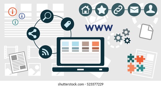 vector illustration of horizontal banner with laptop screen with website wireframe and icons for home page and other options for front end development and web programming concepts