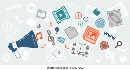 vector illustration of horizontal banner with loudspeaker and media content icons for digital marketing and online promotion campaigns concepts