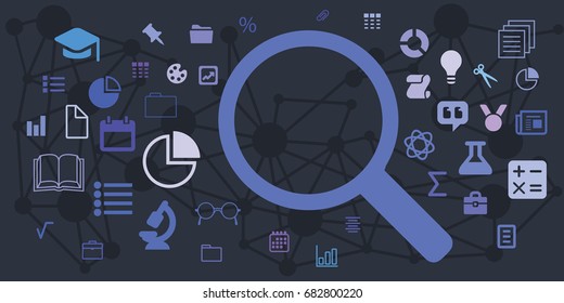 vector illustration of horizontal banner with magnifier for data research concepts in dark blue colors