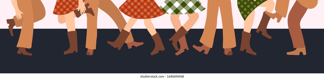 Vector illustration horizontal banner with male and female legs in cowboy boots dancing country western on a dark background in flat style.