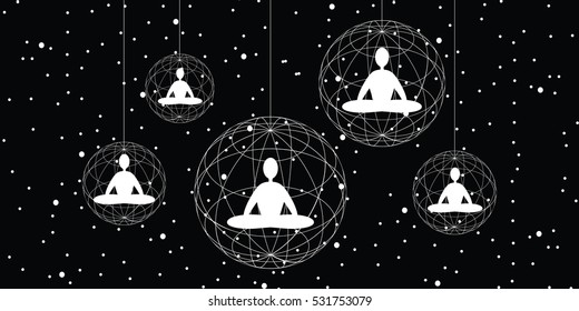 vector illustration of horizontal banner with meditating people in lotus posture inside spheric shapes on dark cosmic background