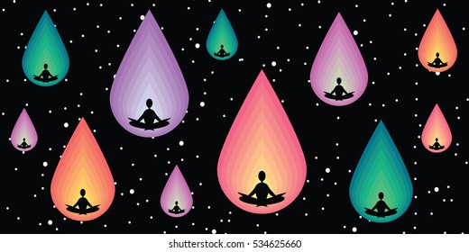 vector illustration of horizontal banner with meditating people in lotus posture inside cosmic shapes on dark cosmic background