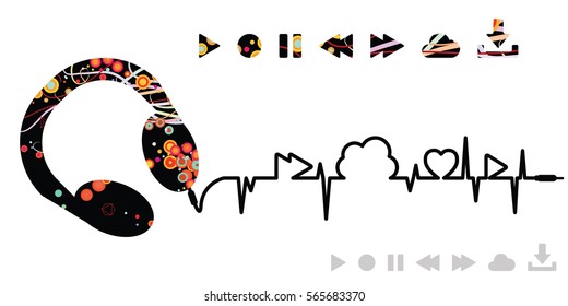 vector illustration of horizontal banner with musical and digital symbols and headphones for audio media concepts and designs on white background