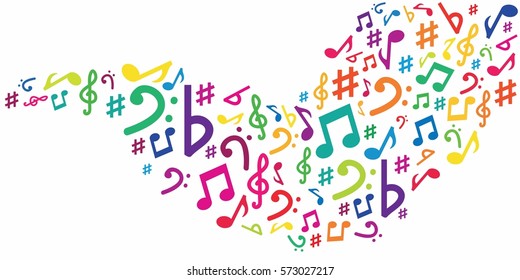 vector illustration of horizontal banner with musical and digital symbols in wave shape for audio media concepts and designs 