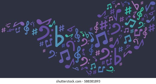 vector illustration of horizontal banner with musical notes flow for audio media concepts and designs on dark blue background