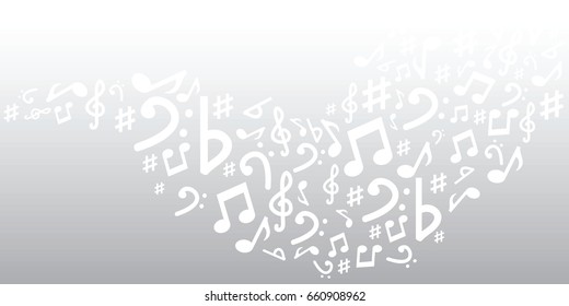 vector illustration of horizontal banner with musical notes flow for audio media concepts and designs on light gray gradient background