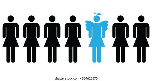 vector illustration of horizontal banner with people in row with angel girl standing out of line as good idea concept