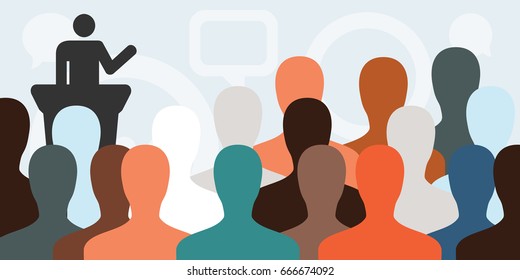 vector illustration of horizontal banner with people silhouettes and leader making speech