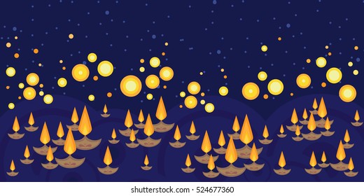 vector illustration of horizontal banner with plenty of small boats with candles in water for light festival concept