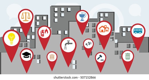 Vector Illustration For Horizontal Banner Of Public Services Map Markers In The City As Guidance Concept