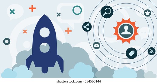 vector illustration of horizontal banner with rocket and sun system with planets for startup digital projects and innovations